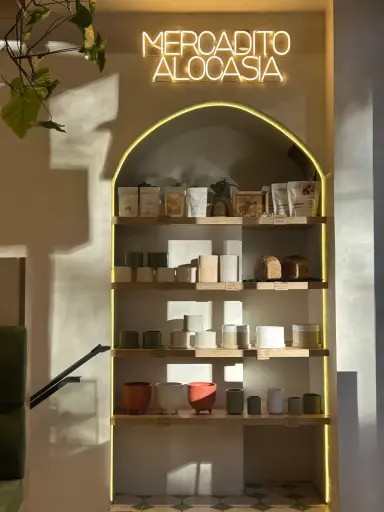 Estantería del Mercadito Alocasia con cartel de neón, cafés, tés y macetas